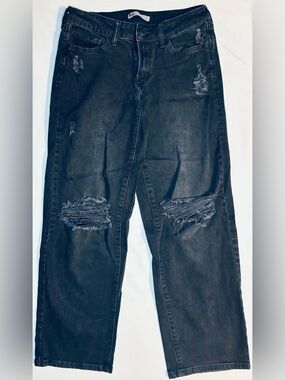 SO Dad Jean Trendy Wide Leg Distressed Black Denim Juniors Size 7/28 Excellent